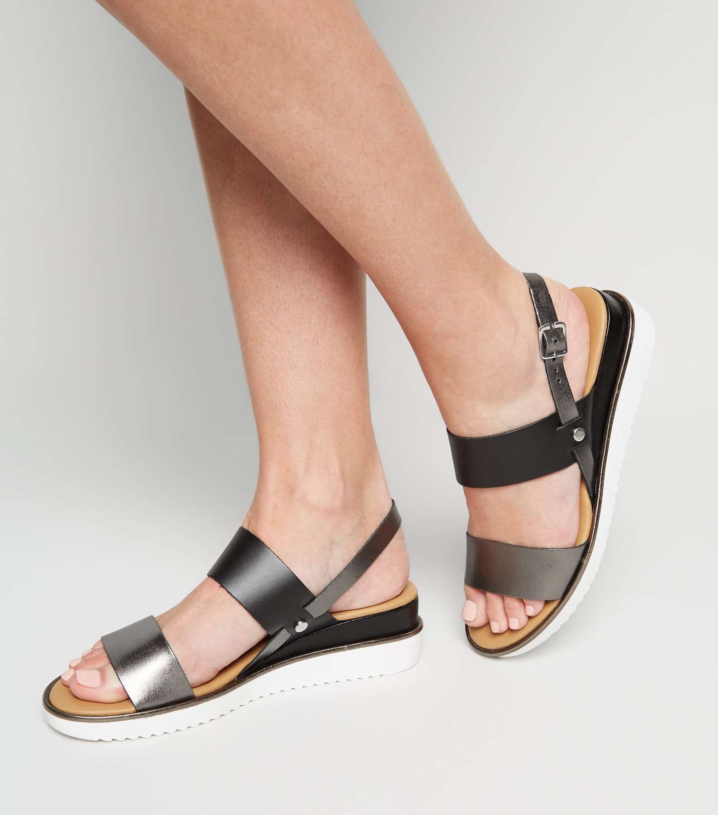 Black Leather Double Strap Wedge Sandals Image 2