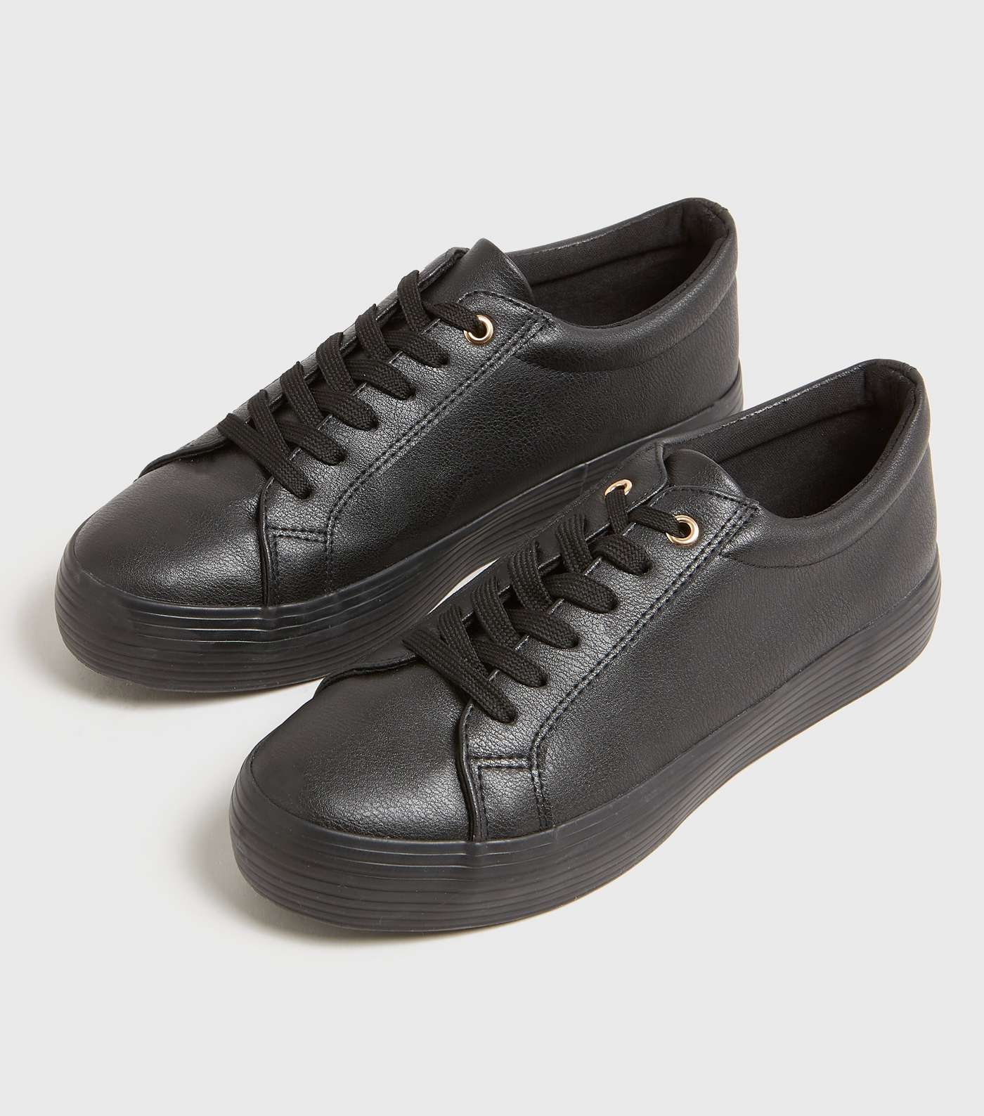 Black Leather-Look Lace Up Flatform Trainers Image 2