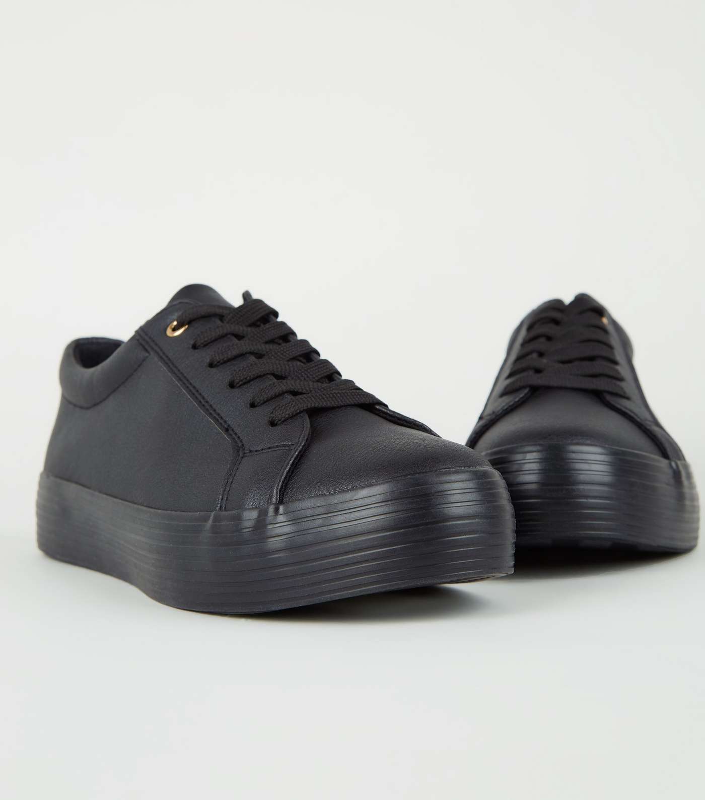 Black Leather-Look Lace Up Flatform Trainers Image 4