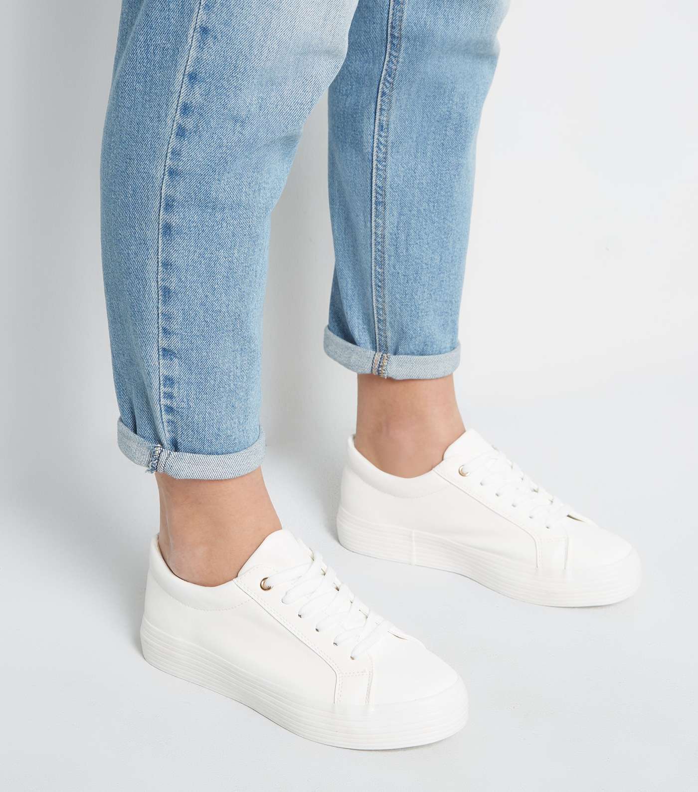 White Leather-Look Lace Up Flatform Trainers Image 2