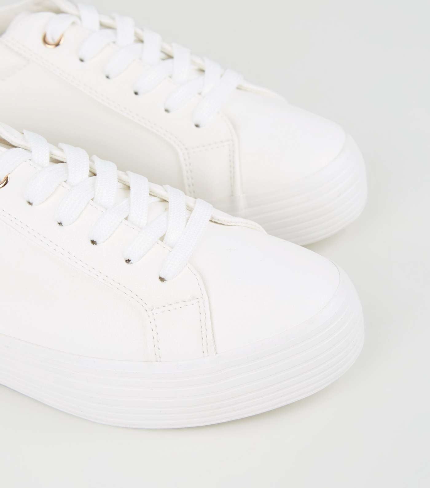 White Leather-Look Lace Up Flatform Trainers Image 4