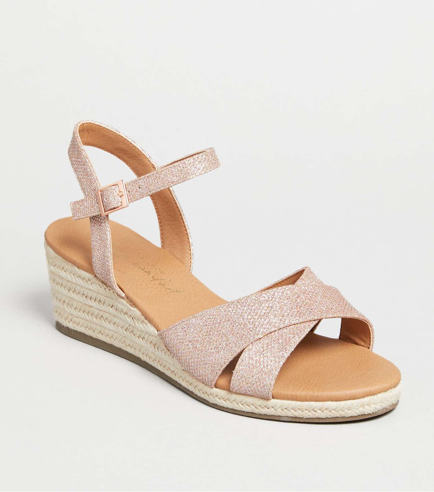 Wide Fit Rose Gold Glitter Cross Strap Wedges 