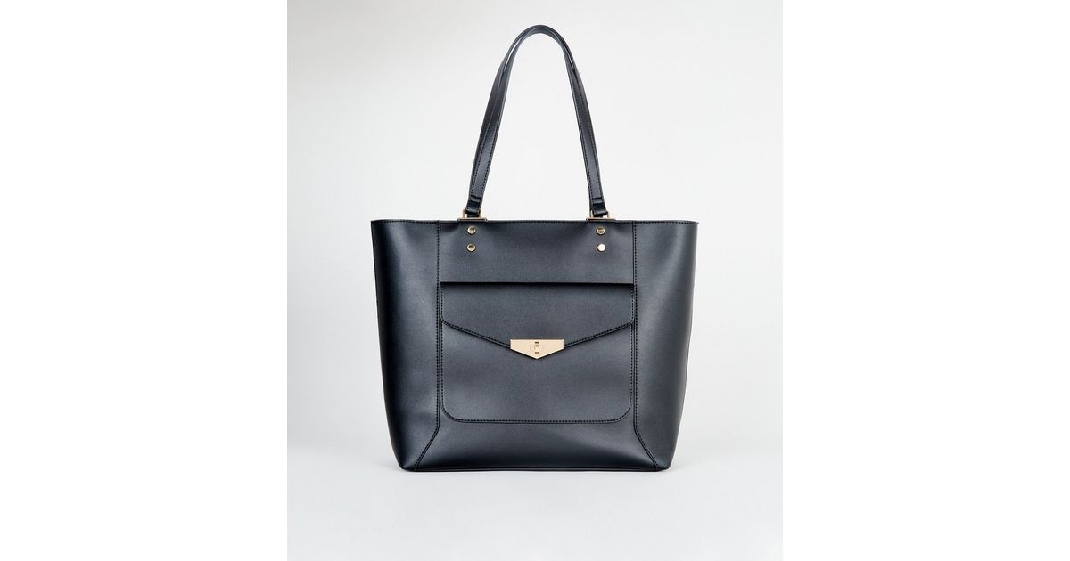 Black Leather-Look Pocket Front Tote Bag