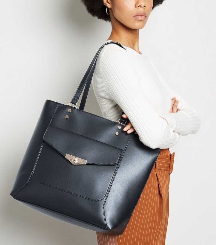Black Leather-Look Pocket Front Tote Bag