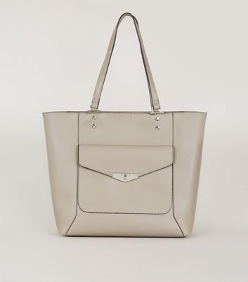 Grey Leather Look Pocket Front Tote Bag New Look