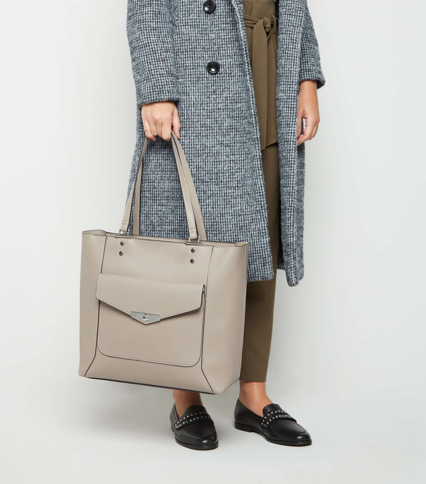Grey Leather-Look Pocket Front Tote Bag Image 2