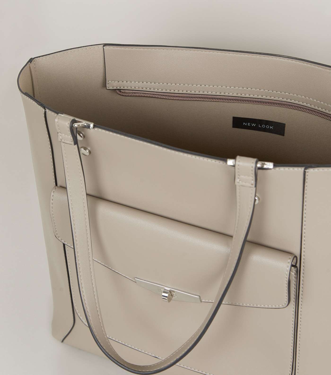 Grey Leather-Look Pocket Front Tote Bag Image 4