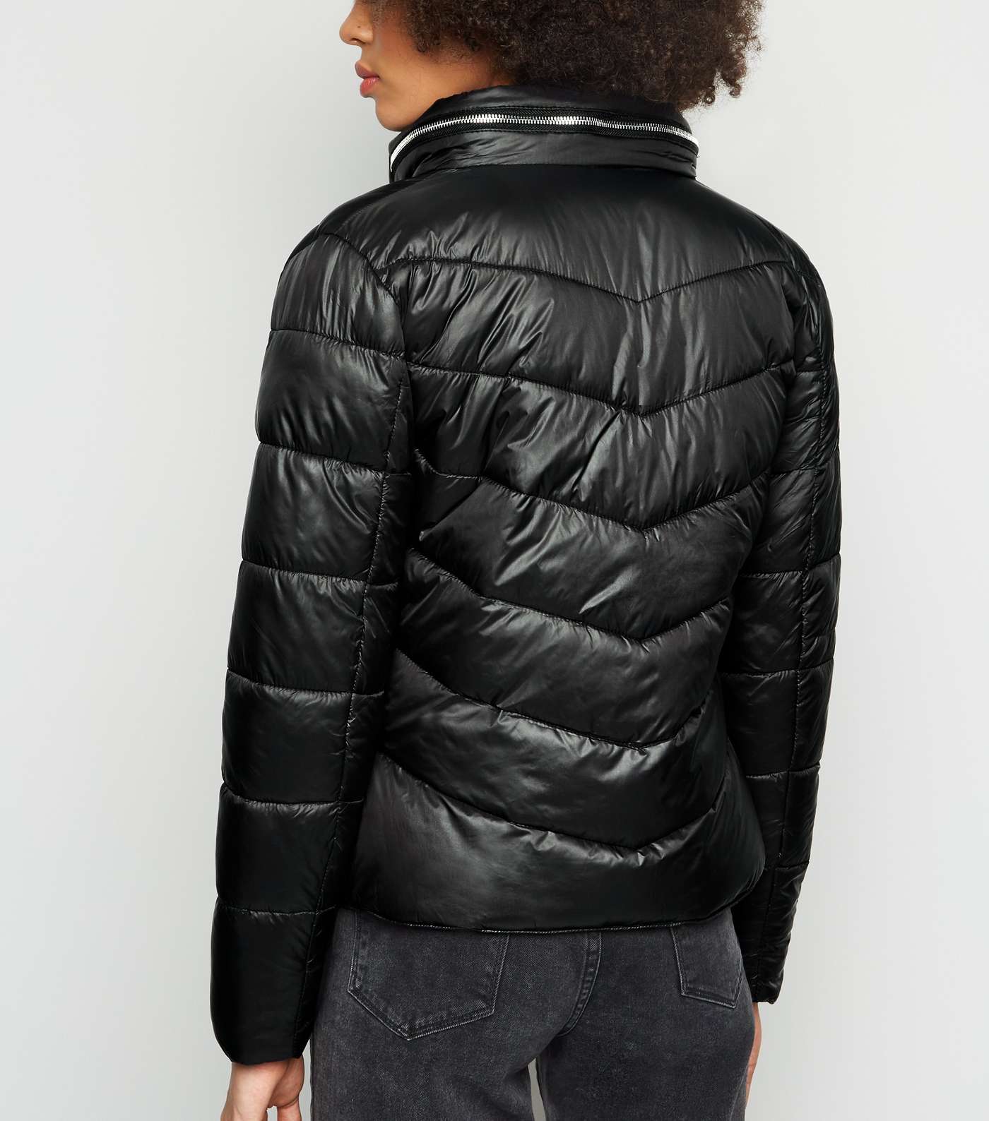Parisian Black High Shine Leather-Look Puffer Coat Image 3