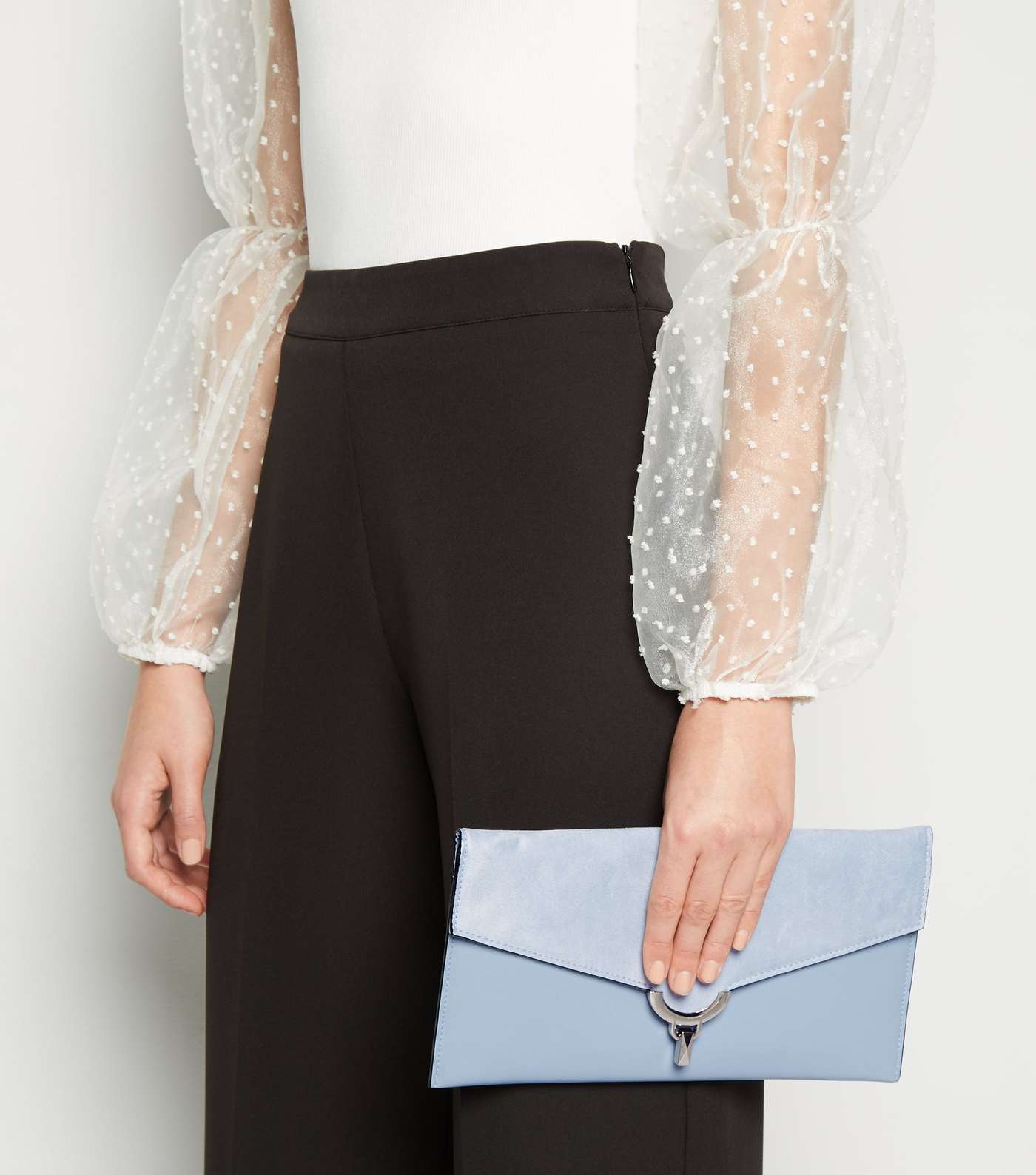 Pale Blue Suedette and Leather-Look Clutch Image 5