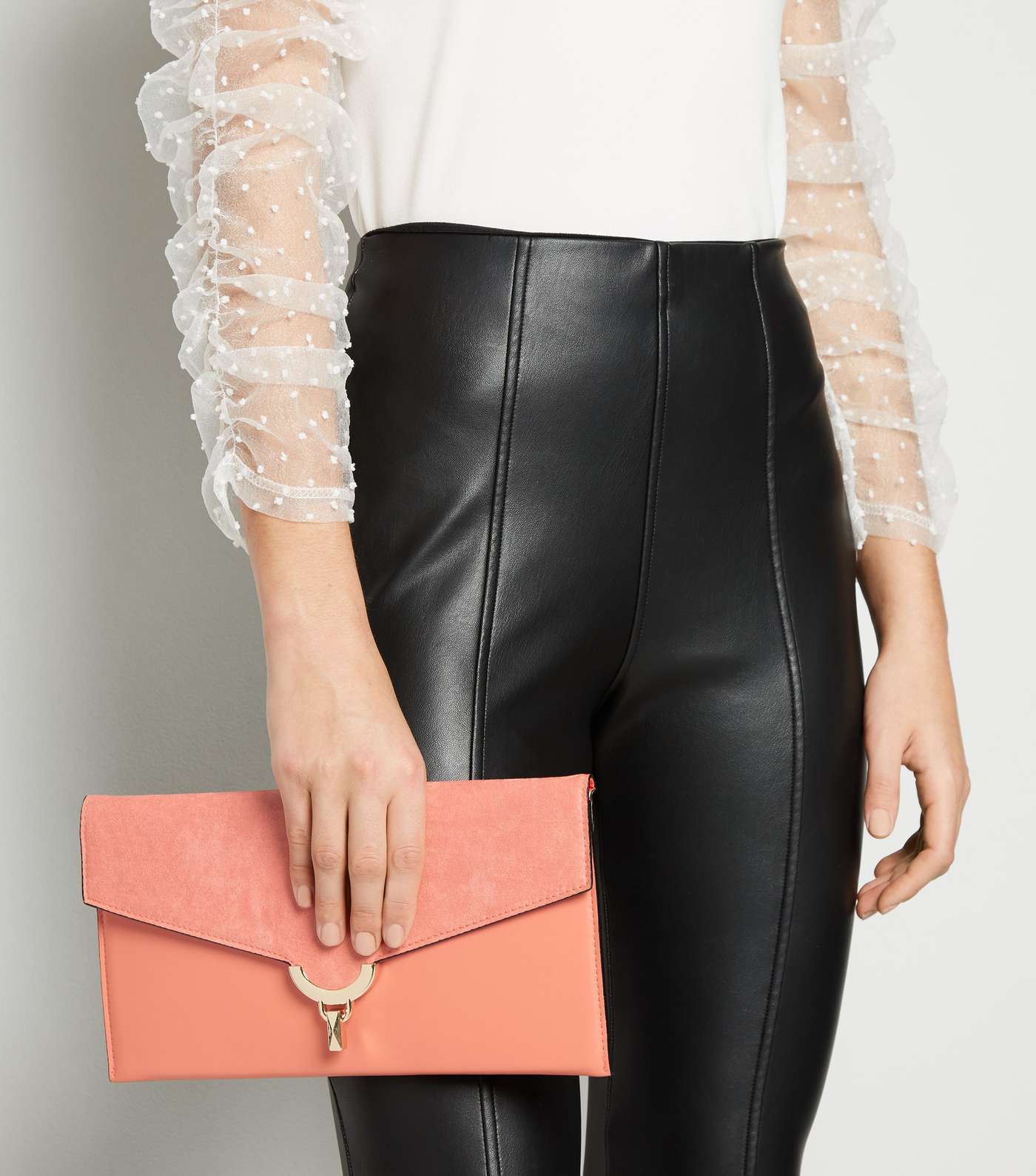 Coral Suedette and Leather-Look Clutch Image 5