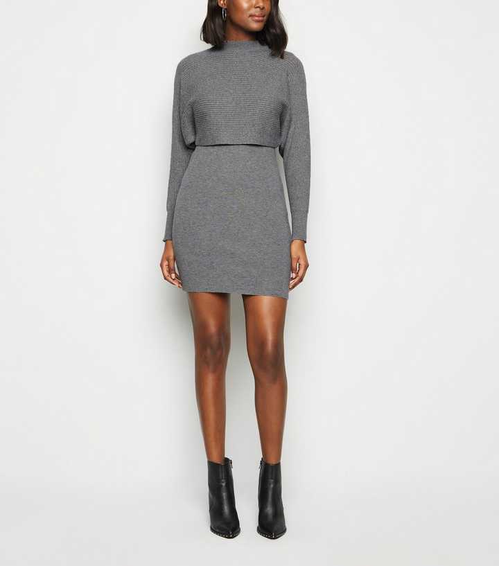 Cameo Rose Grey Knit 2-in-1 Mini Dress | New Look