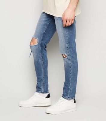 Image of Blue Ripped Knee Skinny Stretch Jeans New Look