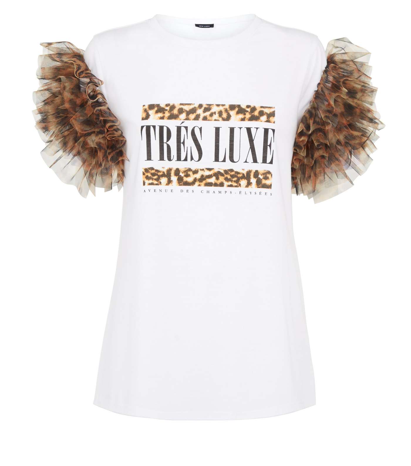 White Leopard Print Mesh Ruffle Sleeve T-Shirt Image 4