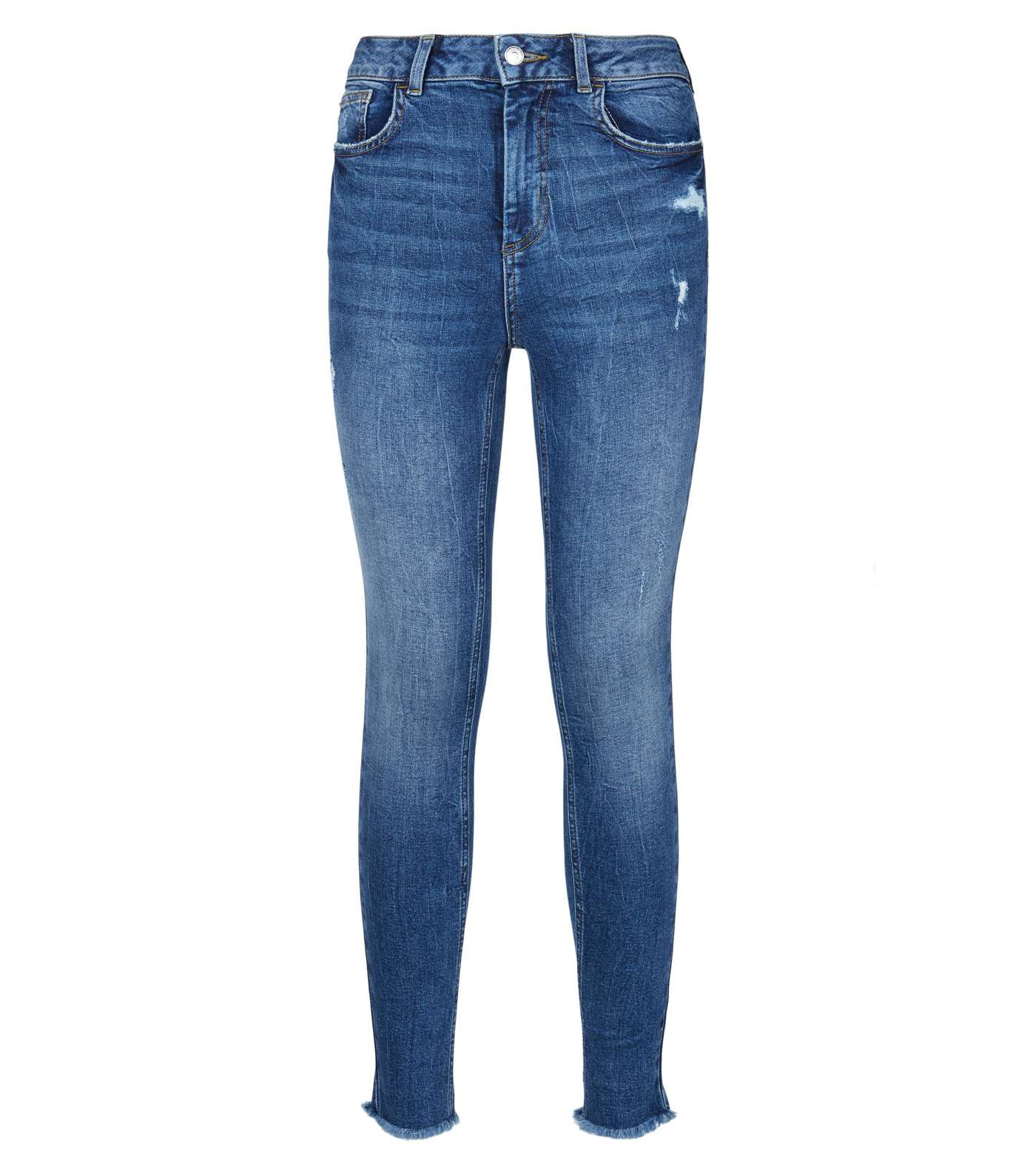 Blue Frayed Hem Mid Rise Super Skinny Jeans Image 4