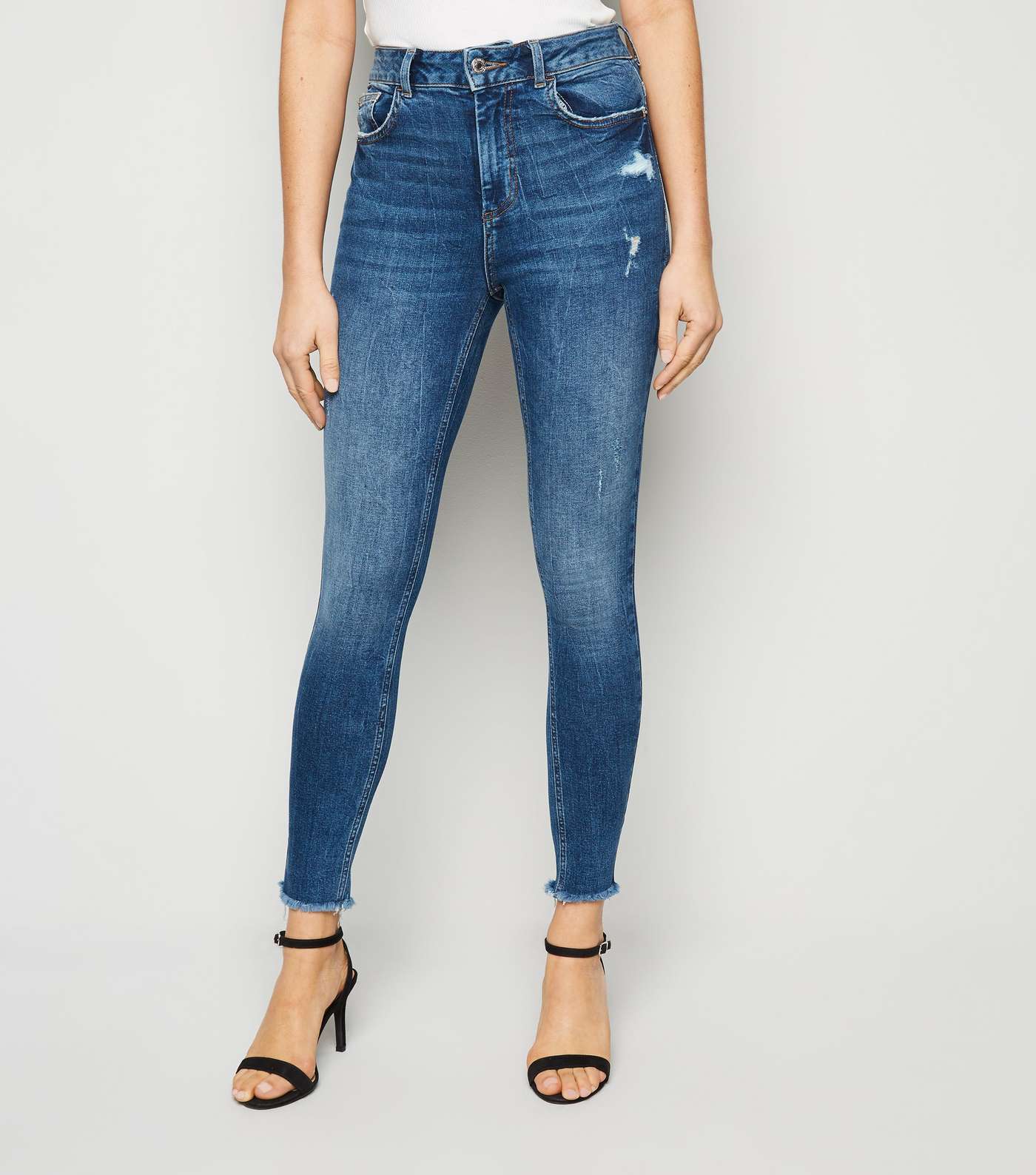 Blue Frayed Hem Mid Rise Super Skinny Jeans Image 2