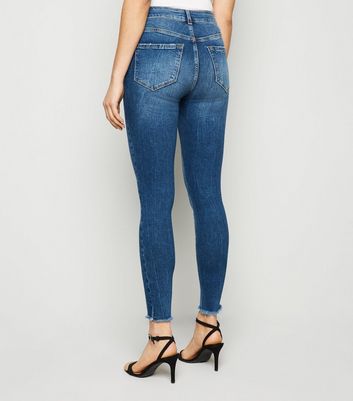 Blue Frayed Hem Mid Rise Super Skinny 