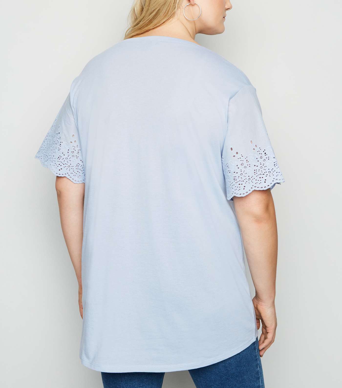 Curves Pale Blue Broderie Sleeve V Neck T-Shirt  Image 3