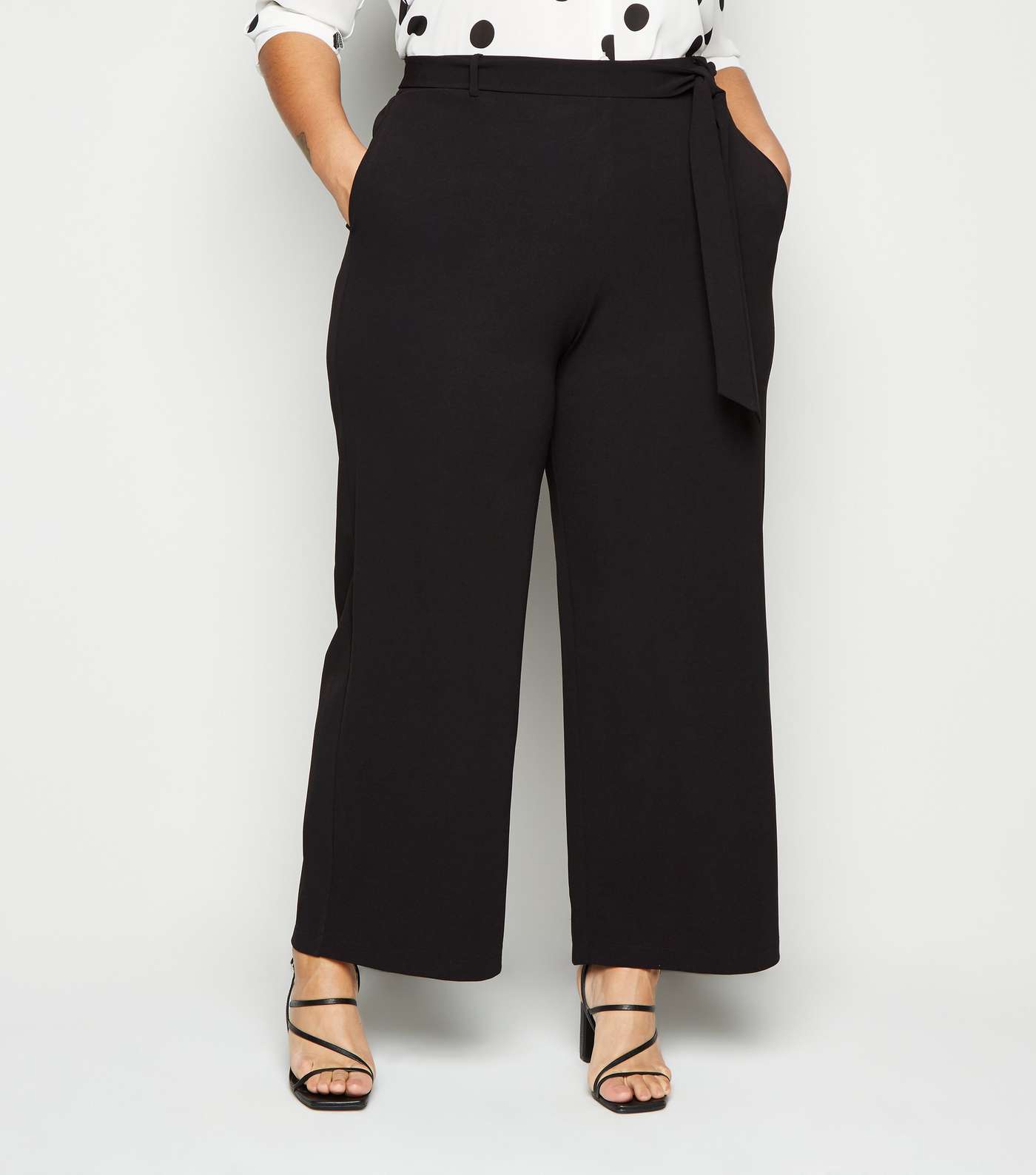 Curves Black Wide Leg Belted Scuba Trousers Image 2