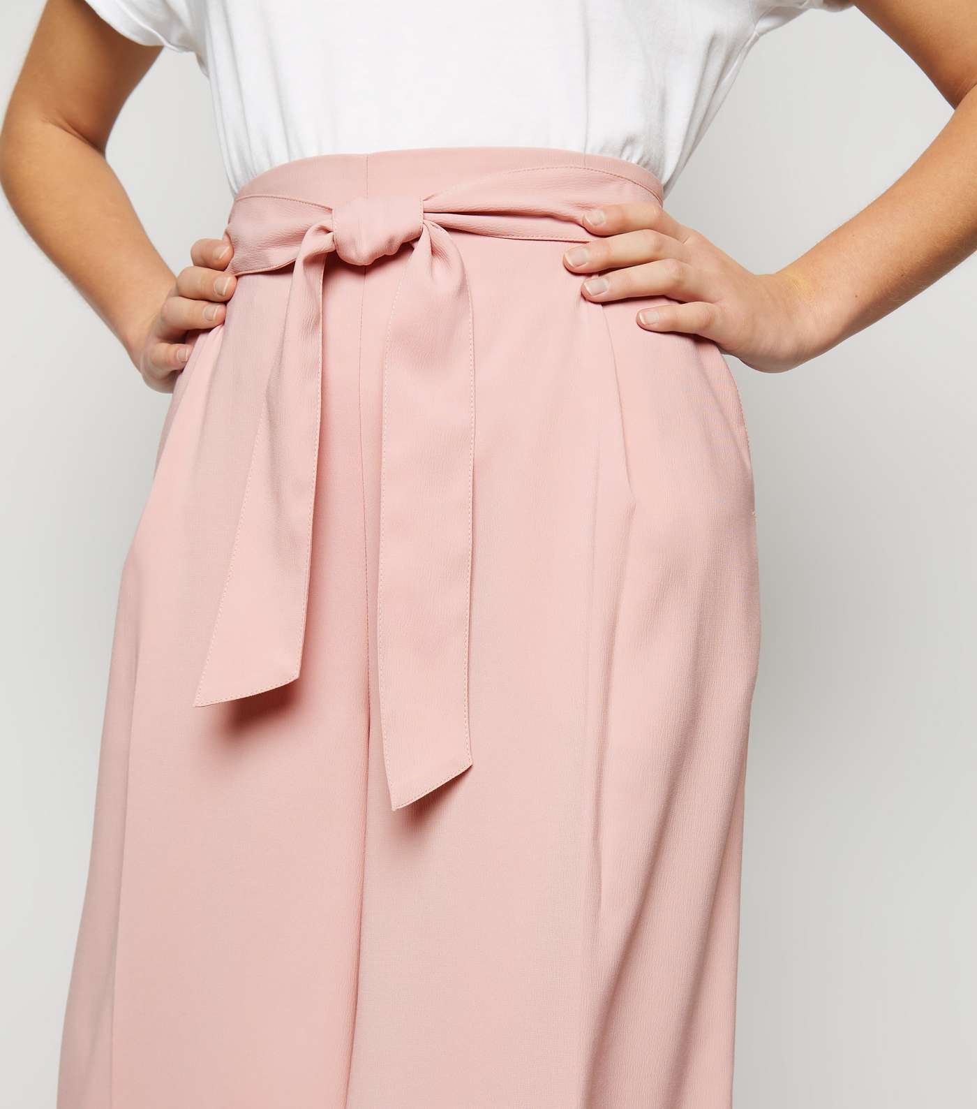 Petite Pale Pink Tie Waist Crop Trousers Image 5