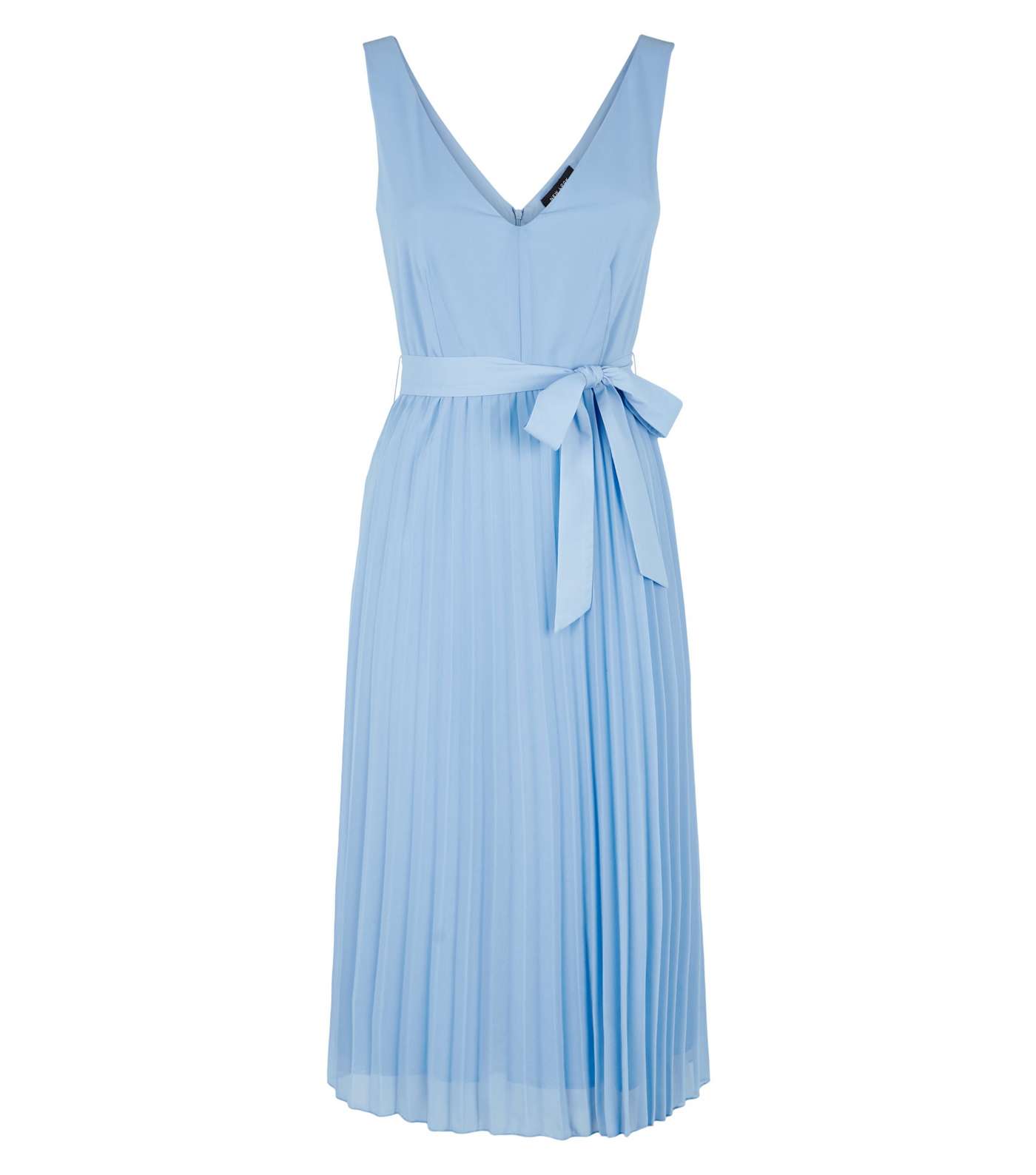 Pale Blue Belted V Neck Pleated Midi Dress Image 4