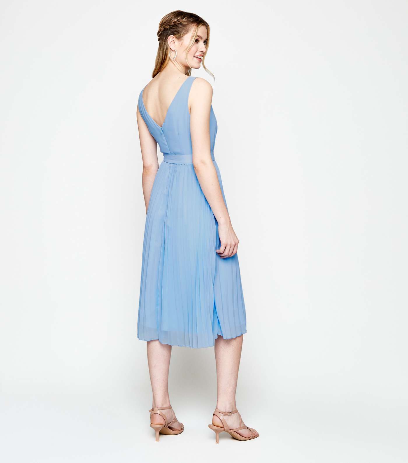 Pale Blue Belted V Neck Pleated Midi Dress Image 2