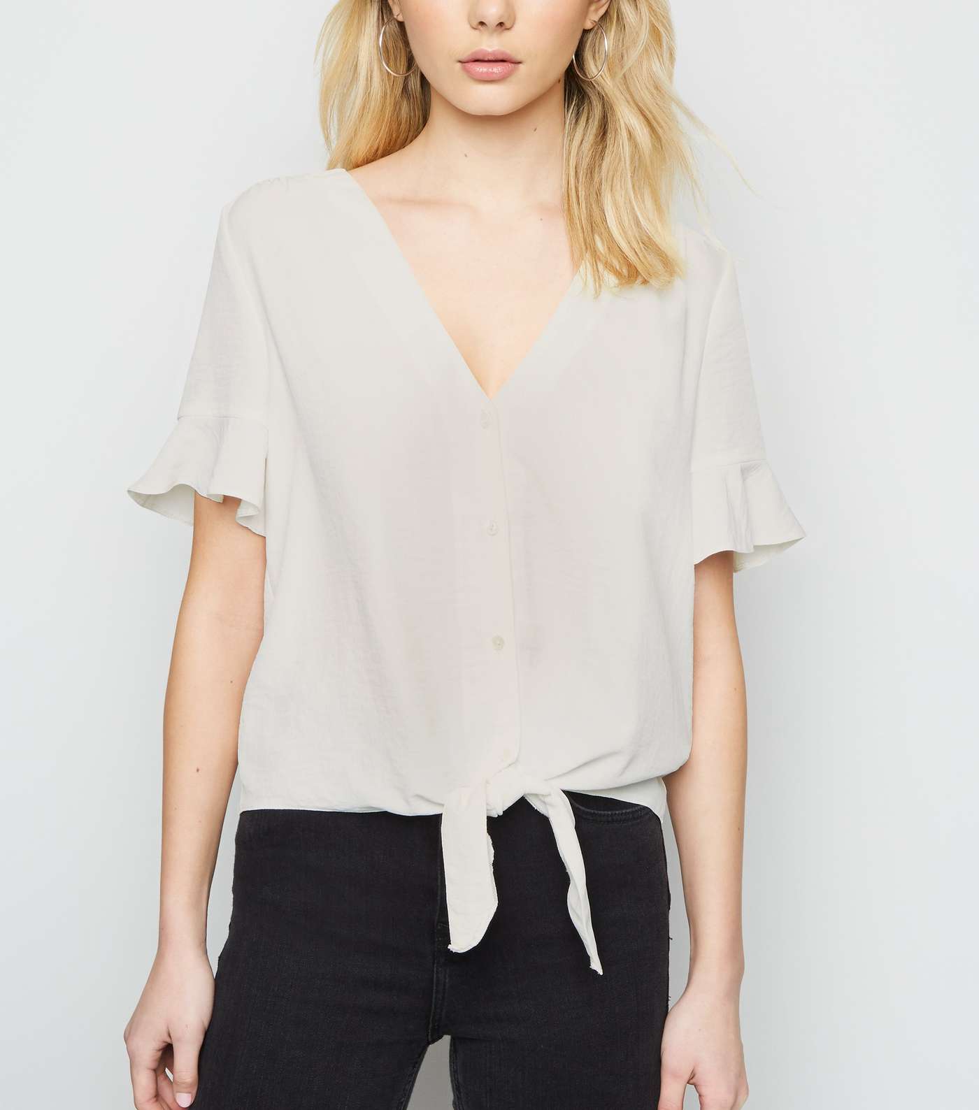 Off White Frill Sleeve Tie Front Blouse