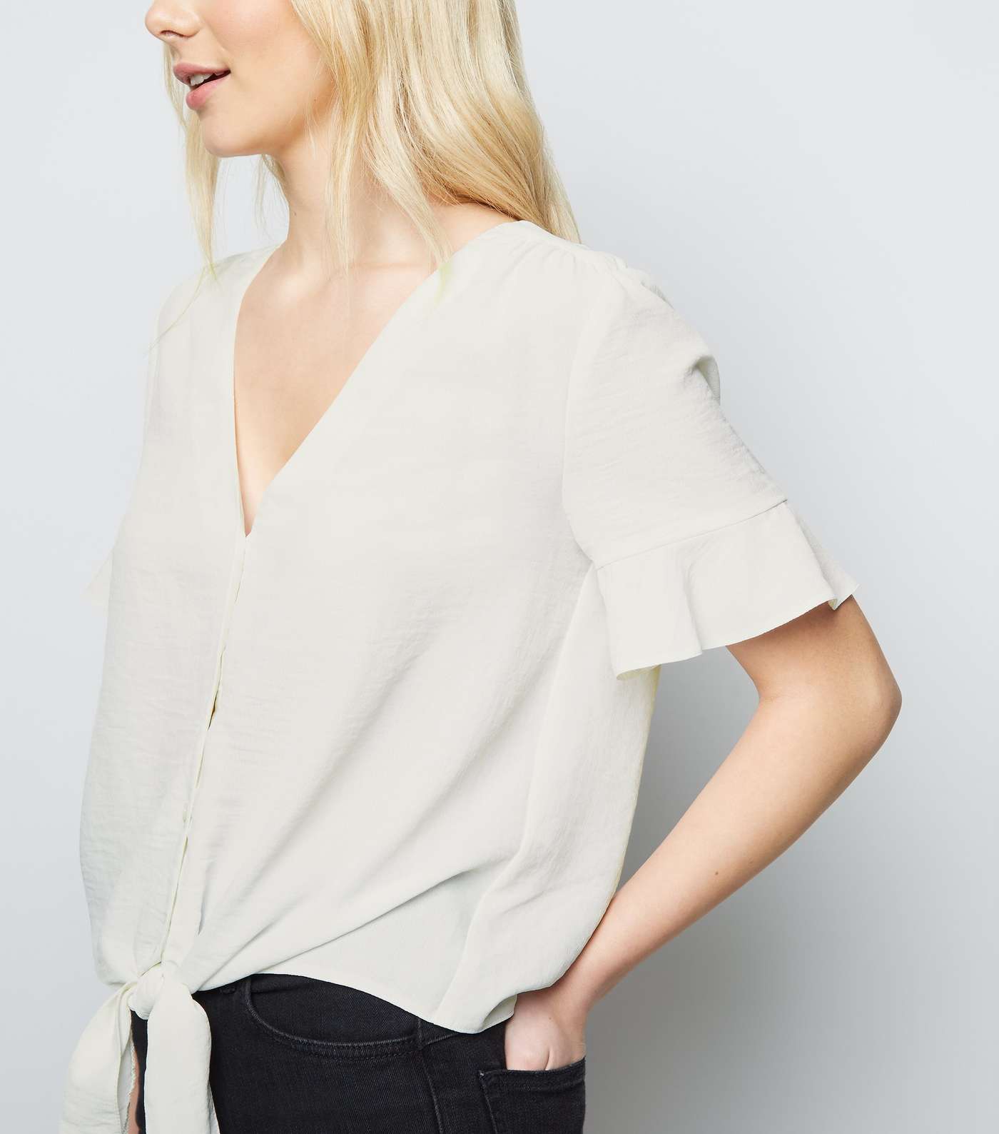 Off White Frill Sleeve Tie Front Blouse Image 5