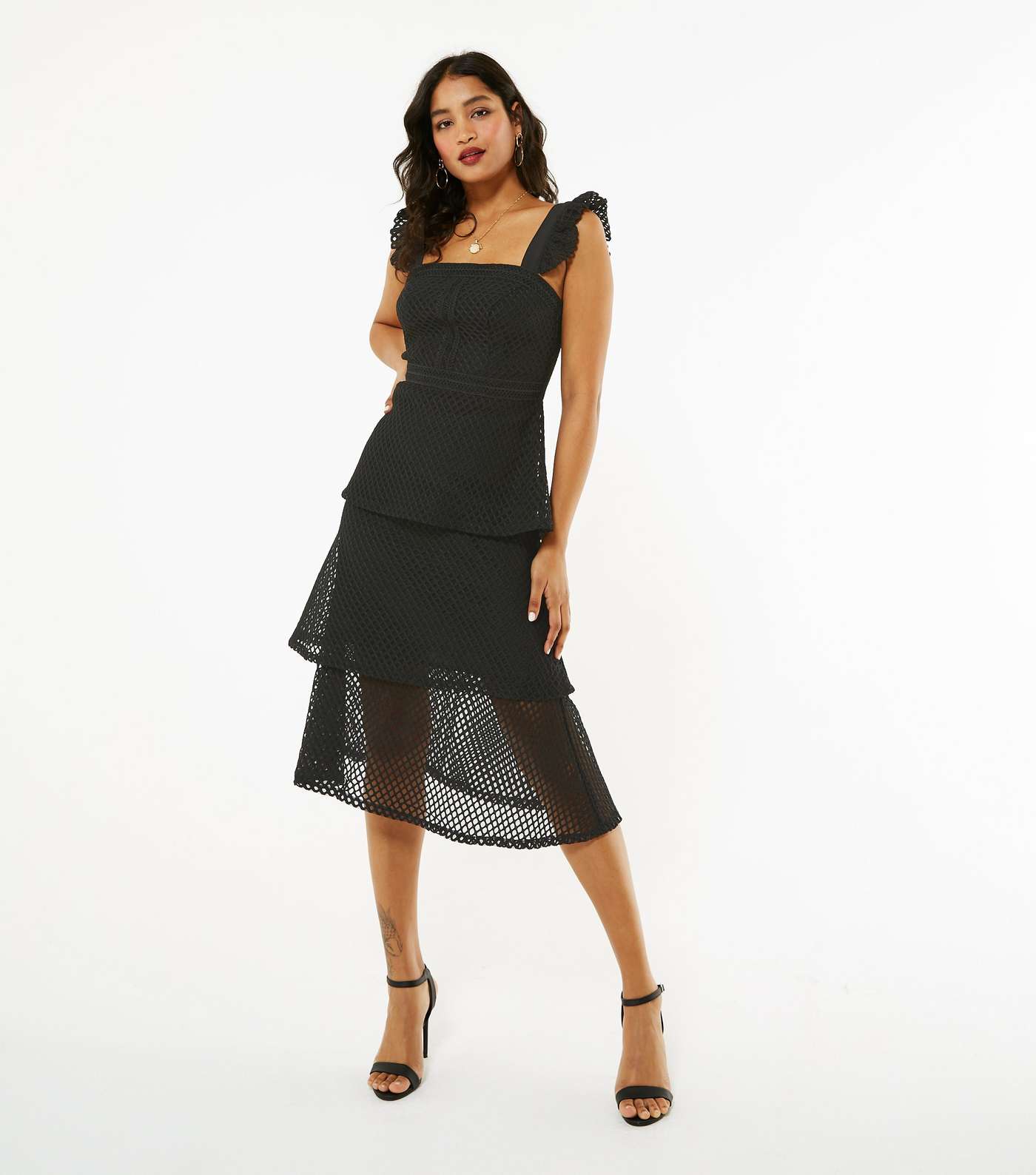 Black Fishnet Lace Tiered Midi Dress  Image 3