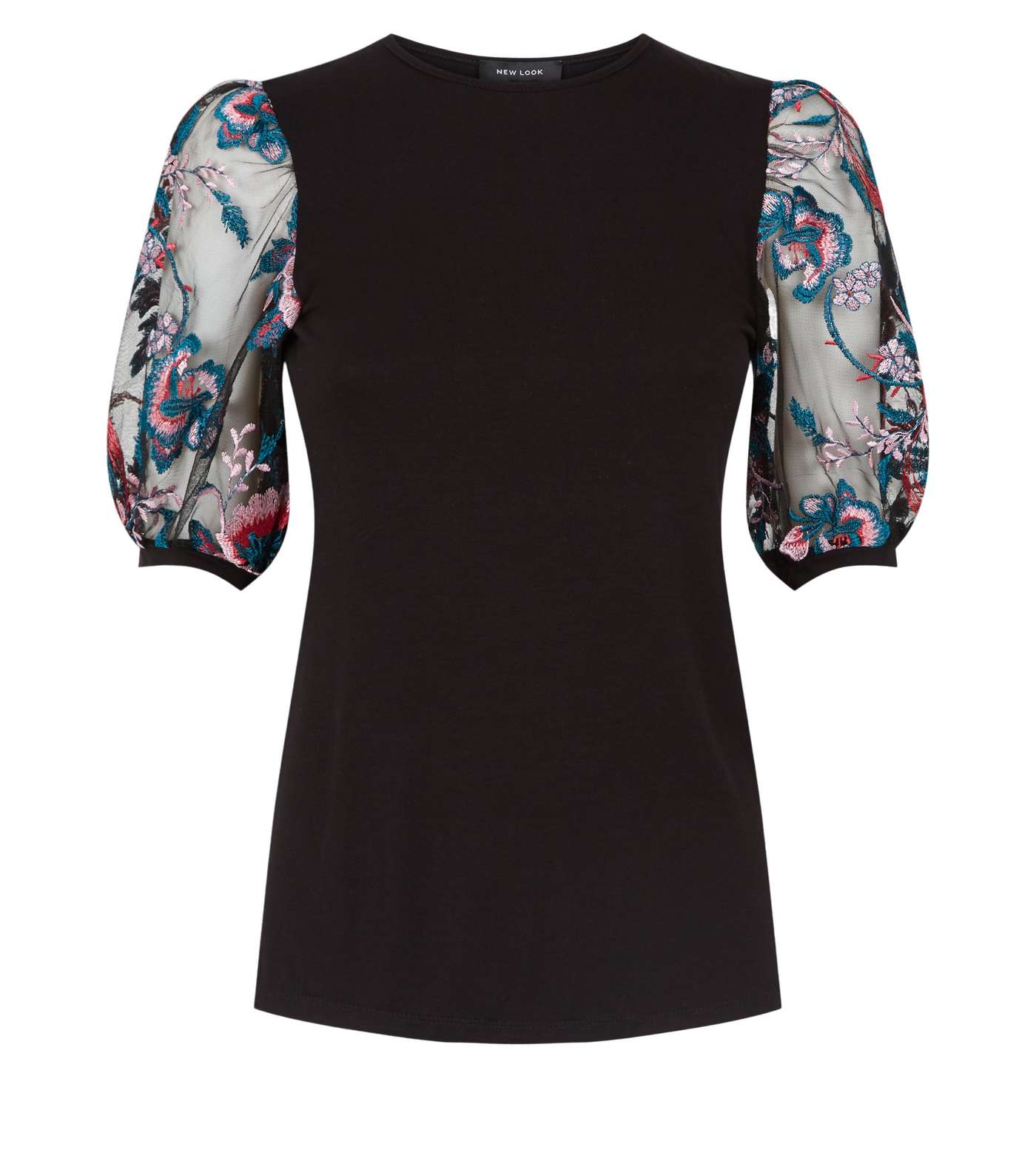Black Floral Embroidered Mesh Sleeve Top Image 4