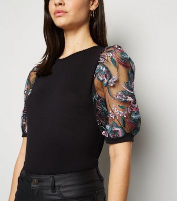 black floral embroidered mesh top