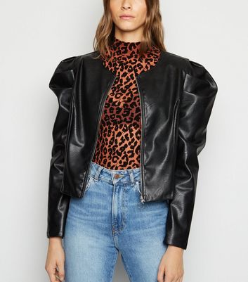 black leather puff sleeve jacket