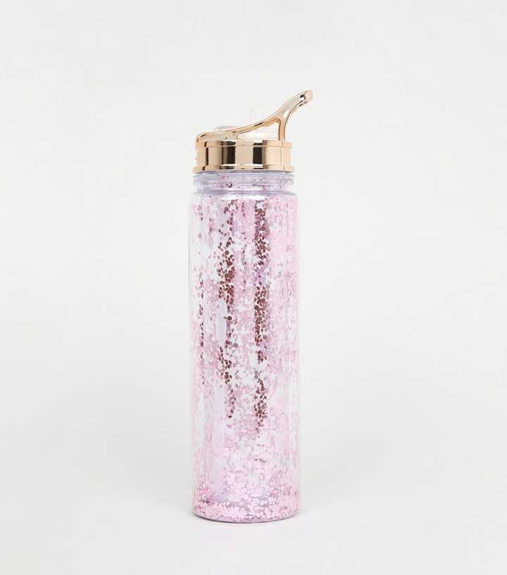 Pink Glitter Flip Straw 550ml Water Bottle, New Look