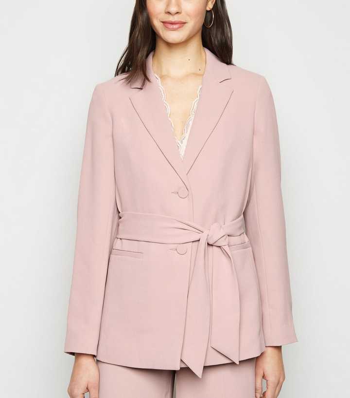 Pale Pink Belted Suit Blazer 