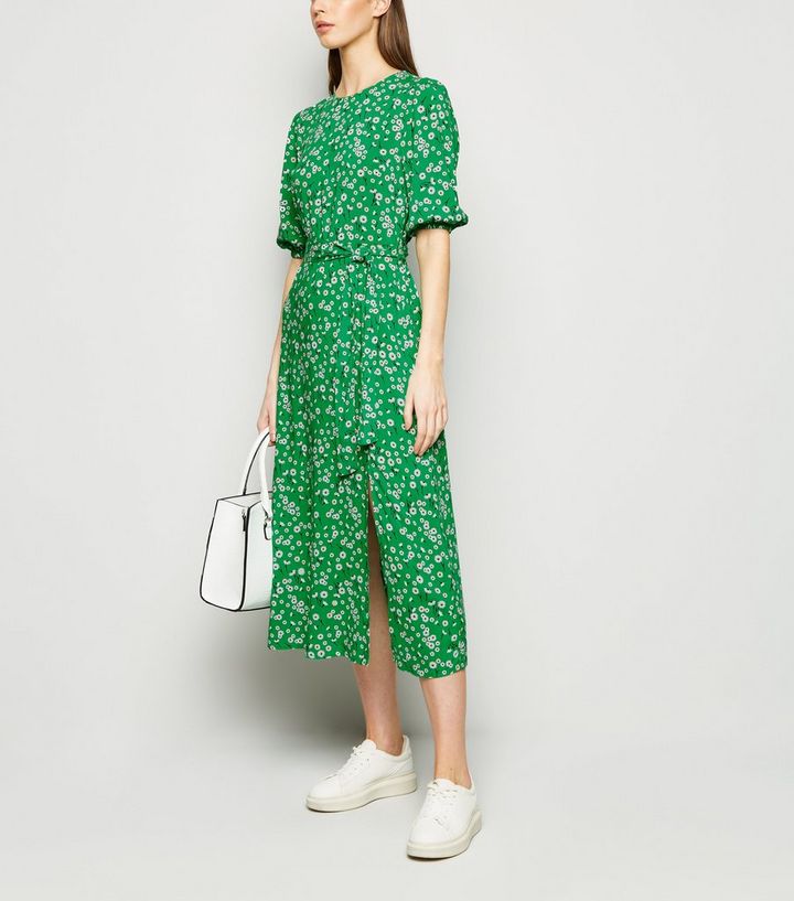 Green Floral Belted Midi Dress New Look