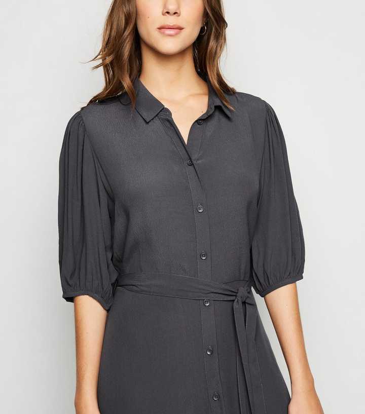 Grey Puff Sleeve Belted Midi Shirt Dress | New Look