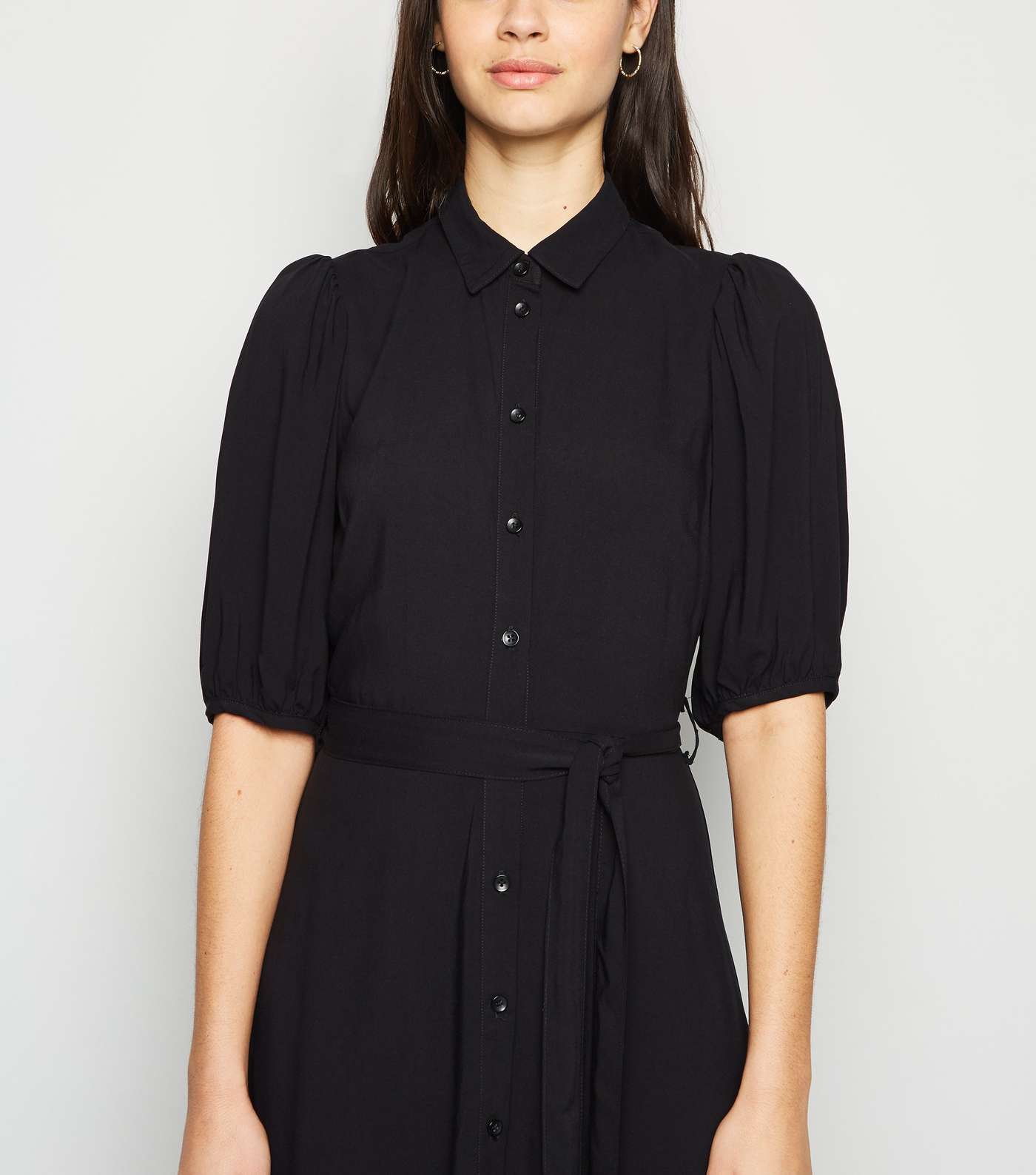 Black Puff Sleeve Midi Shirt Dress Image 3