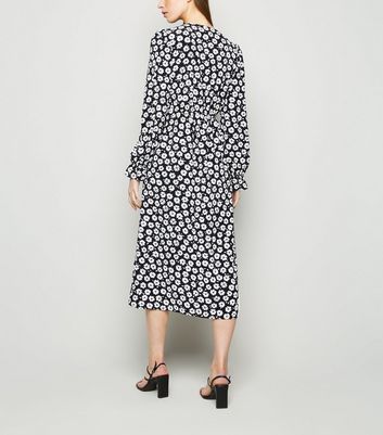Image of Black Floral Frill Long Sleeve Midi Dress New Look