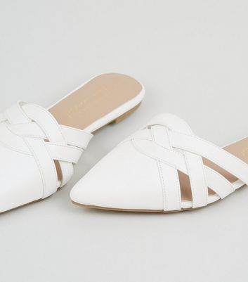 White Leather-Look Lattice Front Mules 