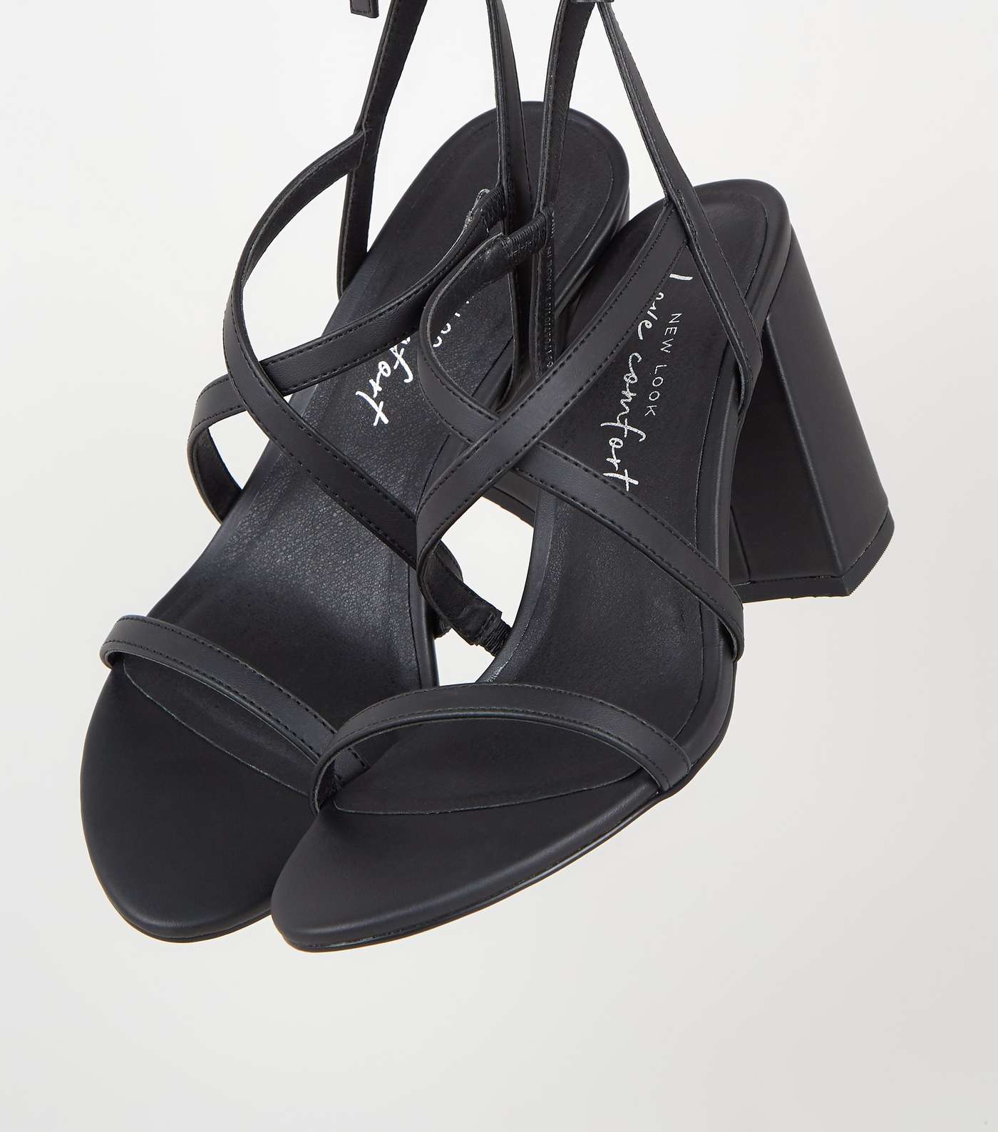 Black Leather-Look Strappy Flared Heel Sandals Image 4