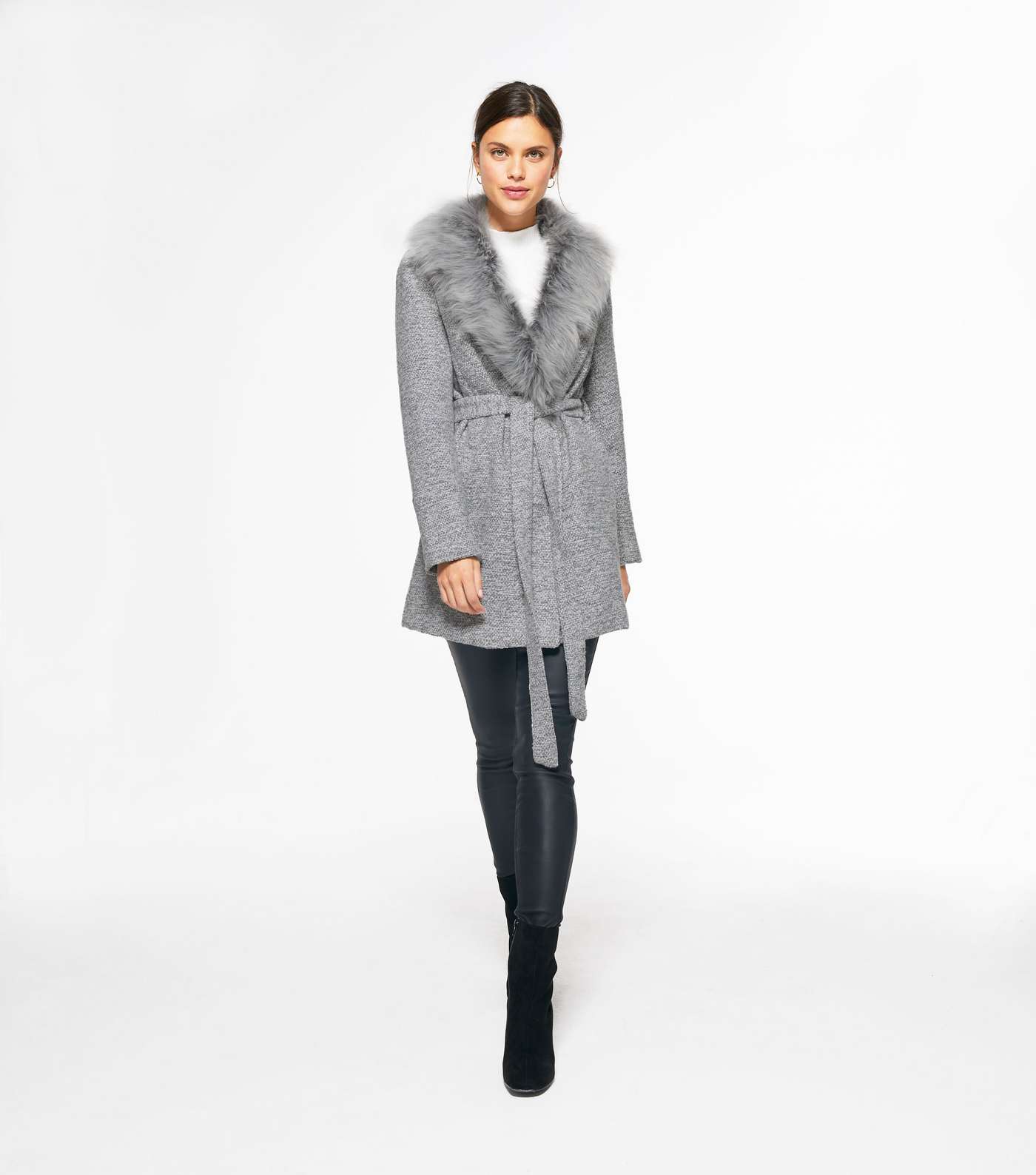 Pale Grey Faux Fur Collar Belted Coat