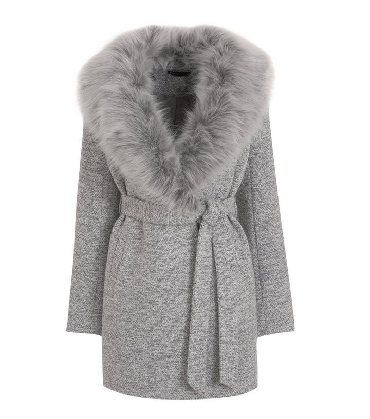 Pale Grey Faux Fur Collar Belted Coat, Next Grey Belted Faux Fur Collar Coats Womens