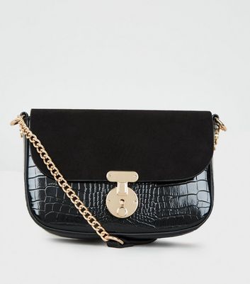 Black Faux Croc Saddle Shoulder Bag | New Look