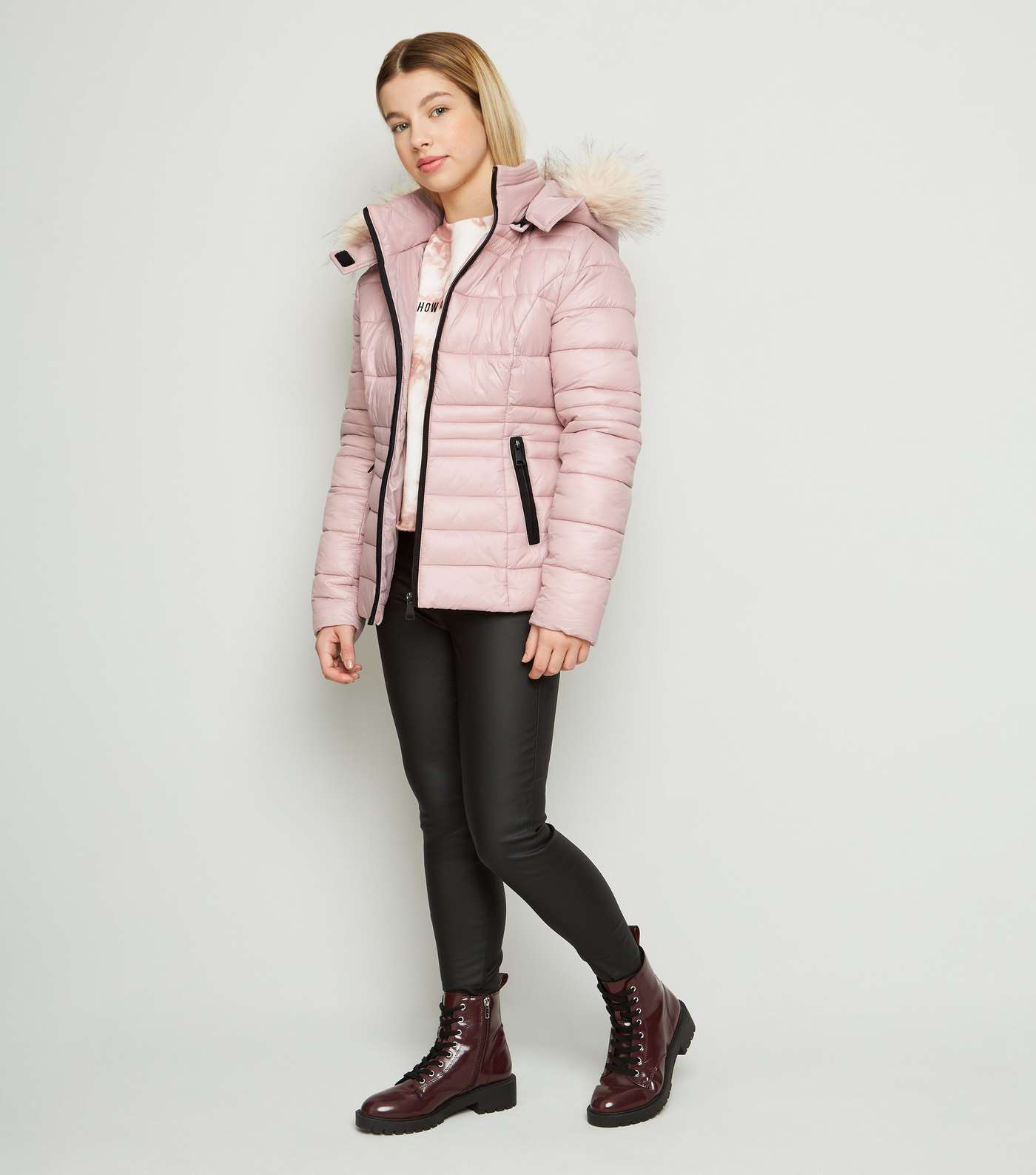 Girls Pink Faux Fur Trim Puffer Jacket Image 2