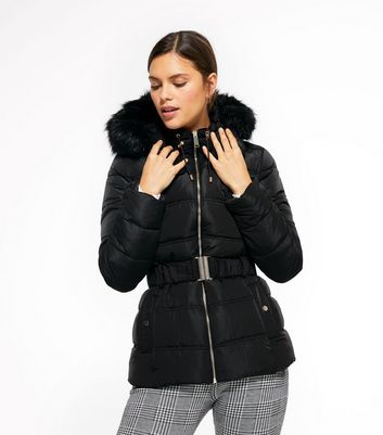 New Look Faux Fur Puffer Jacket, Black Faux Fur Hooded Belted Puffer Coat