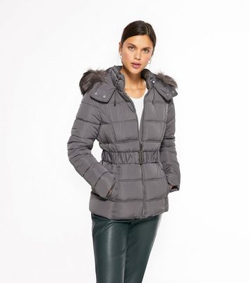 grey puffer jacket with fur hood