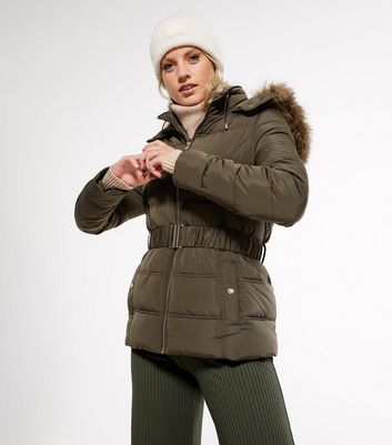 fitted puffer coat with fur hood