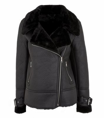 New look faux shearling biker jacket outlet in black