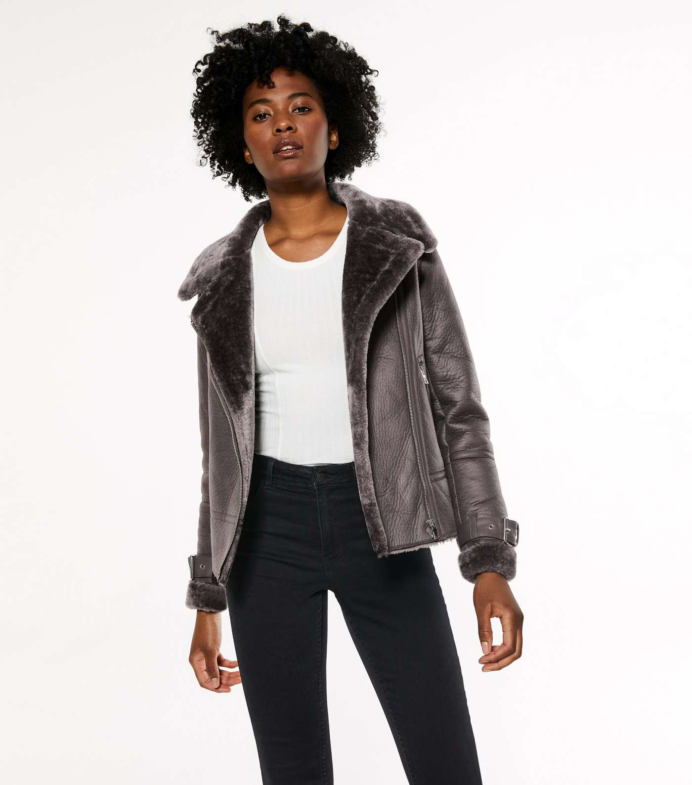 Dark Grey Faux Fur Lined Leather-Look Aviator Jacket 