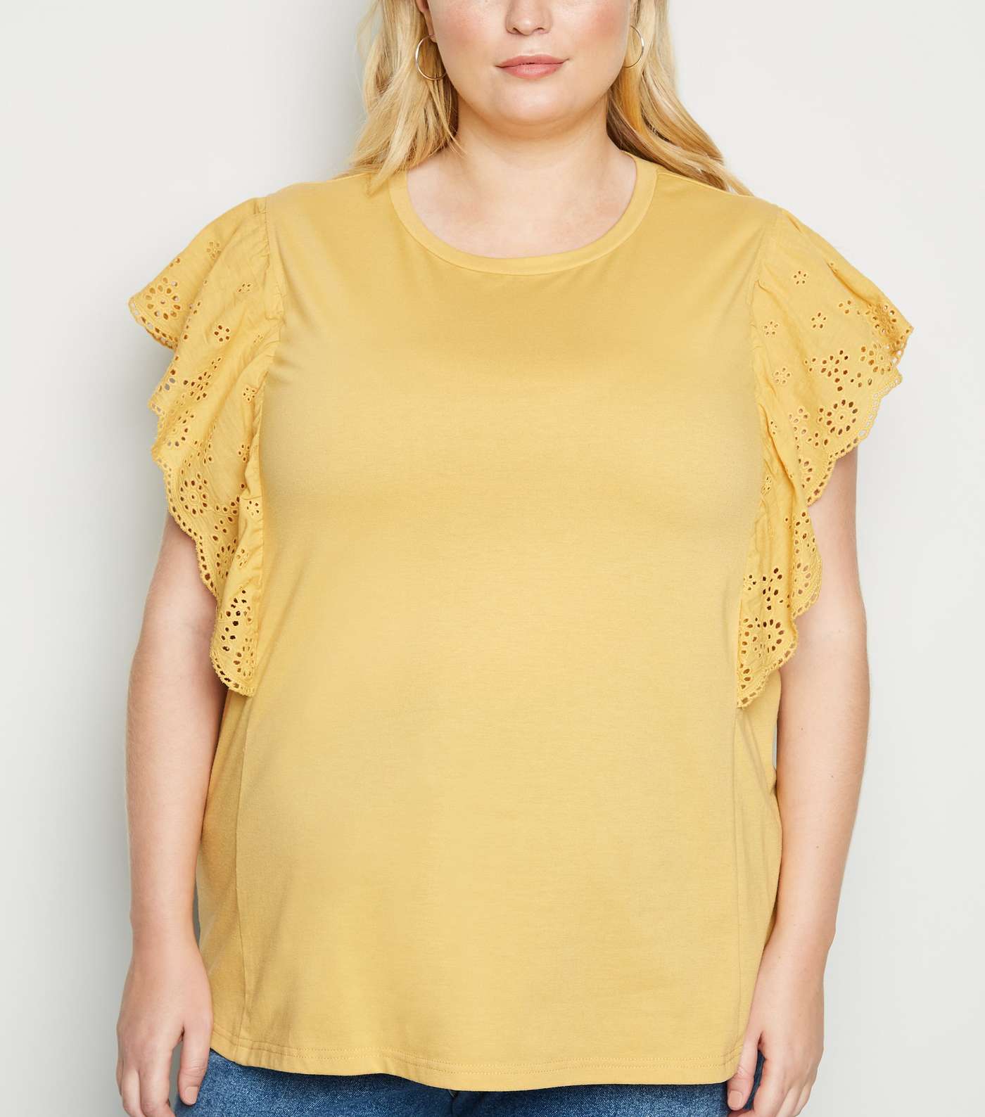 Curves Pale Yellow Broderie Frill Trim T-Shirt