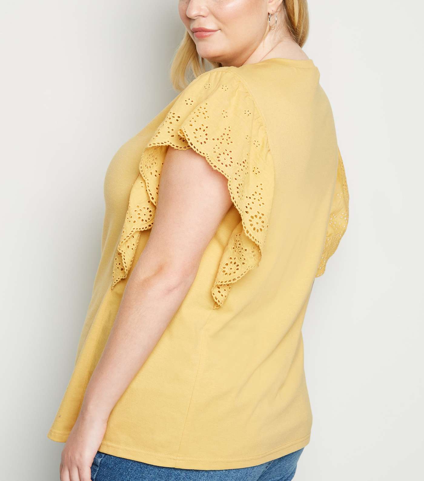 Curves Pale Yellow Broderie Frill Trim T-Shirt Image 3